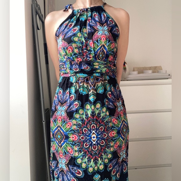 90s maxi halter neck dress in peacock print - Picture 5 of 5